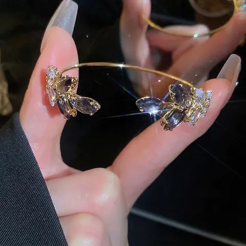 Elegante Bracciale Rigido Aperto A Forma Di Foglia Cristallo Taglio Marquise Lega Placcata Oro Gioielli Di Moda Regolabili Per Donna