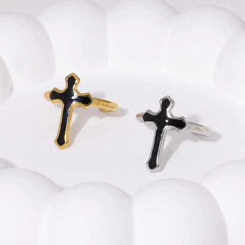 Retro Kreuz Ring Edelstahl Schwarz Emaille Punk Gothic Verstellbar Vintage Schmuck Für Herren Damen