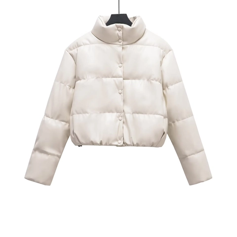Giacca Imbottita In Pelle PU Donna Collo Alto Cappotto Corto In Finta Pelle Outwear Invernale Moda Cerniera