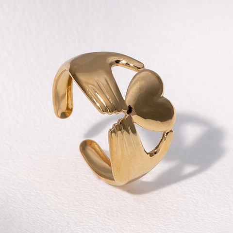 Anillo Abierto De Corazón De Acero Inoxidable Chapado En Oro De 18K Manos Abrazando Corazón Joyería De Moda Ajustable Para Mujeres