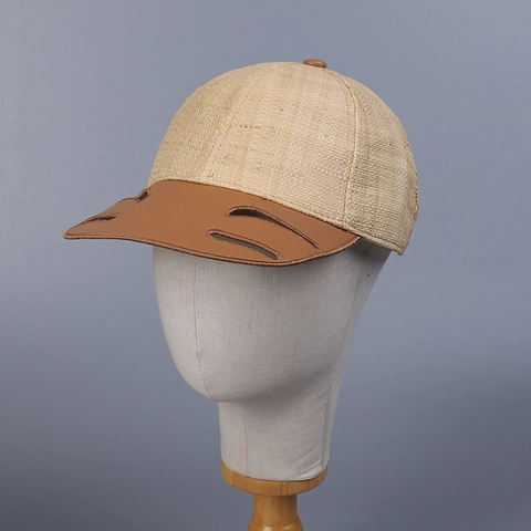 Berretto Da Baseball In Paglia Di Raffia Con Tesa In Pelle PU Traforata Patchwork Cappello Da Sole Traspirante Regolabile