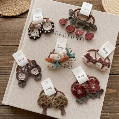 Cute Kids Hair Accessories Knitted Crochet Animal Flower Hair Ties And Hair Clips Handmade Autumn Winter Korean Style Girls
