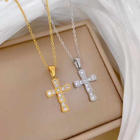 Dubbelzijdige Kruis Hanger Ketting Roestvrij Staal Strass Zwart Emaille Sieraden Voor Dames Vintage Stijl