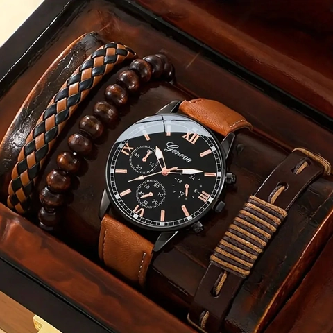 Men Analog Quartz Wristwatch And Bracelets PU Leather Strap Zinc Alloy Case Business Fashion Woven Braided Wood Beads