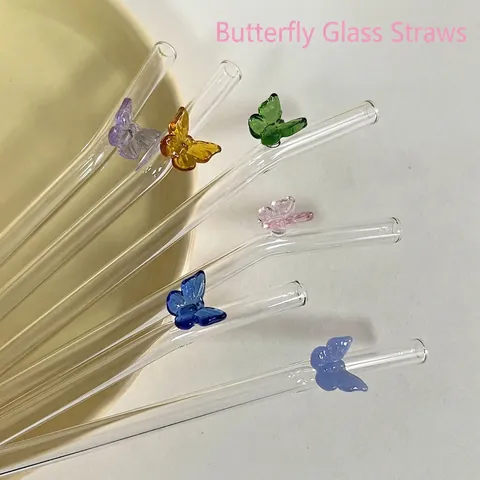 Reusable Glass Straws Heat Resistant Borosilicate Colorful Butterfly Decorative Drinkware Eco Friendly Aesthetic
