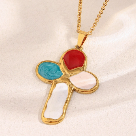 Collana Con Pendente A Croce Acciaio Inossidabile Placcato Oro 18K Smalto Colorato Vintage Stile Di Lusso Donne Accessoire Religioso