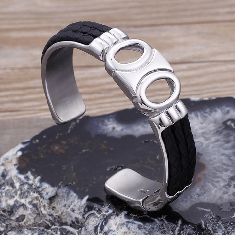 Men Bangle Bracelet Stainless Steel 316L Black Braided Leather Punk C Shaped Open Cuff Minimalist Jewelry