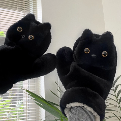 Winter Mittens Faux Fur Plush Cute Black Cat Thick Warm Windproof Neck Hanging For Women Men Outdoor Cycling