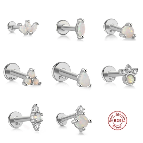 925 Sterling Silver Opal Zirconia Stud Earrings Gold Silver Plated Geometric Flat Head Piercing Ear Bone Jewelry For Women