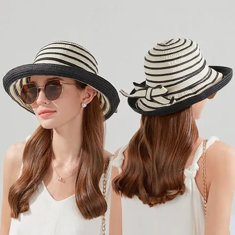 Gestreepte Strooien Zonnehoed Dames Brede Rand Zomer Strand Vissershoed Ademend UV Bescherming Elegant Strik Vouwbaar