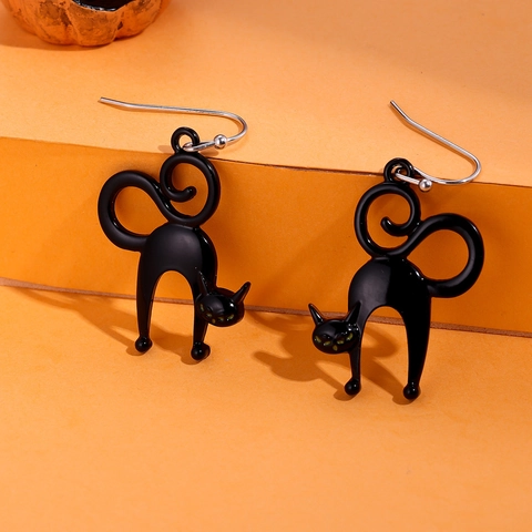 Pendientes de Gancho Góticos de Halloween Gato Negro Acrílico Gato Estirándose Pendientes Colgantes con Gancho de Acero Regalo