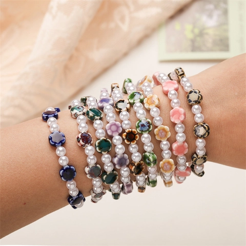 Pulsera De Cuentas Retro Con Imitación De Perla Artificial Blanca Y Flor De Cerámica Colorida Esmaltada Estilo Bohemio Joyería