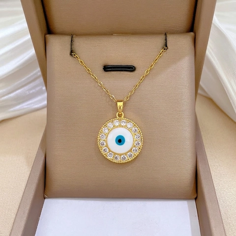 Evil Eye Halskette Runder Anhänger Edelstahlkette Kupfer Mit Zirkonia Eingelegt Modeschmuck Geschenk Für Damen