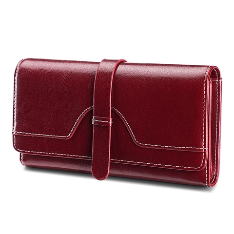 Portafoglio Lungo Donna Pelle Di Vacchetta Blocco RFID Vintage Cuciture A Contrasto Multi Slot Per Carte Pochette Uso Quotidiano
