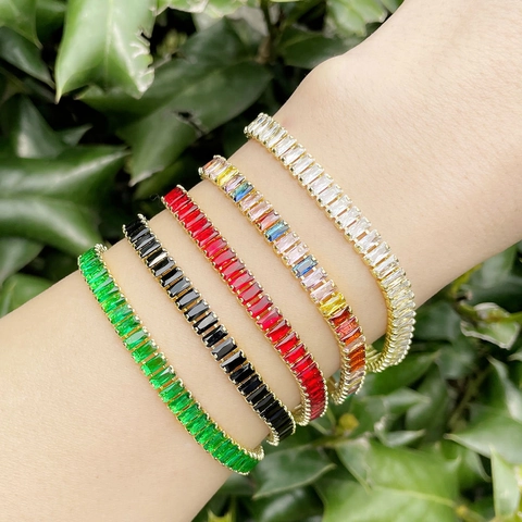 Baguette Schliff Zirkonia Tennis Armband Für Damen Luxus Kupfer Vergoldet Regenbogen Bunte Edelsteine Schmuck Geschenk
