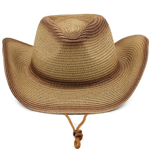 Western Cowboy Straw Hat Gradient Color Wide Curved Brim Adjustable Windproof Rope Outdoor Summer Travel Sun Beach Accessory