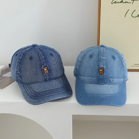 Kids Baseball Cap Denim Cotton Mini Bear Embroidery Adjustable Sun Protection Sunshade Hat Korean Style For Boys And Girls