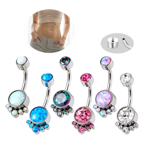 Titanium Internally Threaded Navel Ring With Cubic Zirconia And Synthetic Opal Curved Barbell Body Piercing Jewelry