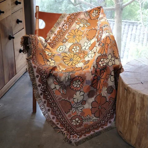 Coperta Intrecciata Floreale Retrò Poliestere Cotone Jacquard Copridivano Con Frange Per Campeggio Decorazione Casa