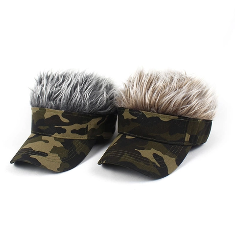 Funny Spiked Wig Sun Visor Hat Hip Hop Spiky Fake Hair Adjustable Visor For Men Women Golf Party Outdoor Sport Camouflage Visor Hat