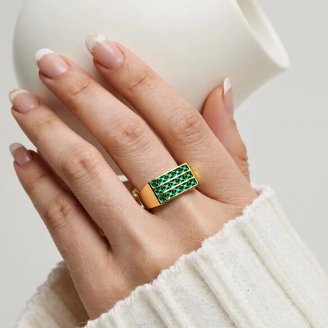 Elegant Square Zircon Ring For Women 18K Gold Plated Copper Geometric Three Rows Adjustable Open Design Jewelry Retro Style