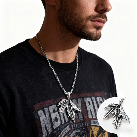 Maple Leaf Pendant Necklace Vintage Stainless Steel Distressed Metal Foliage Jewelry Men Women Retro Accessory