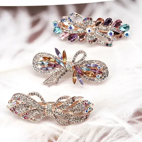 Rhinestone Bowknot Hair Clip Alloy Colorful Crystal Flower Barrette Elegant Vintage Hair Accessories For Women