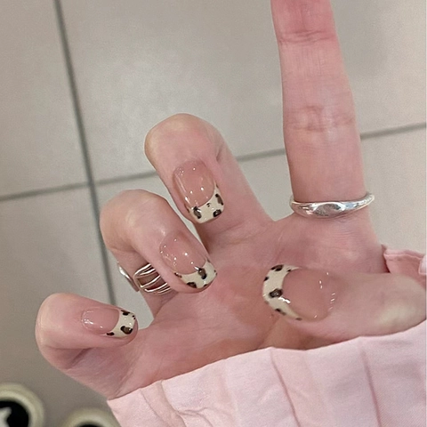 Uñas Postizas A Presión Leopardo Francés Forma Cuadrada Corta Rosa Nude Brillantes Uñas Artificiales Para Mujeres Manicura A869