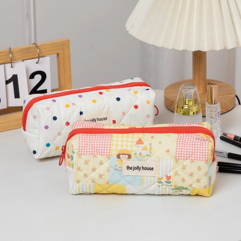 Astuccio In Tessuto Trapuntato Grande Capacità Fantasia Pois Patchwork Organizzatore Di Cancelleria Borsa Trucco Per Studenti Ragazze