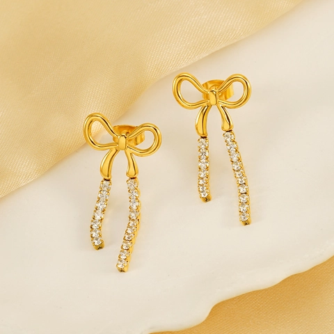 Orecchini A Frangia Con Fiocco Acciaio Inossidabile Placcato Oro 18K Zircone Eleganti Da Donna