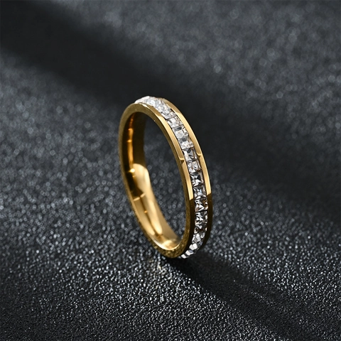 Sparkling Stainless Steel Ring Square Cubic Zirconia Inlaid Eternity Band For Couples Elegant Fashion Jewelry