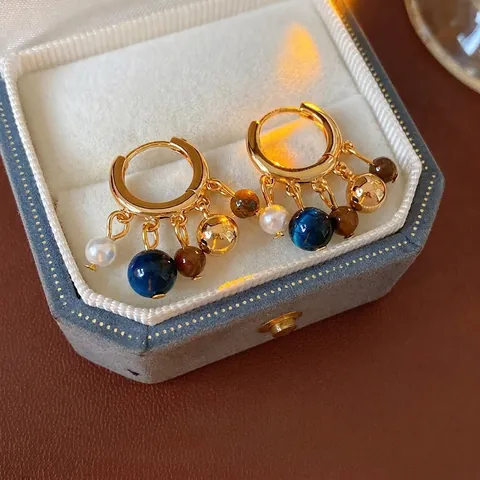 Vintage Bohemian Artificial Pearl And Tiger Eye Beaded Hoop Earrings With Silver Earring Post Ethnic Style Dangling Jewelry For Women