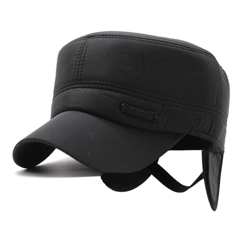 Men Winter Cadet Cap PU Leather Warm Ear Protection Windproof Flat Top Military Hat Solid Color Outdoor Adjustable
