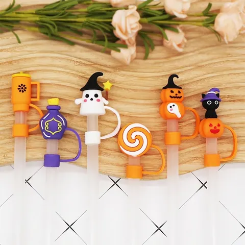 Halloween Straw Cover Caps Dustproof Reusable PVC Silicone Ghost Pumpkin Cat For Tumbler Cups Toppers Decorative