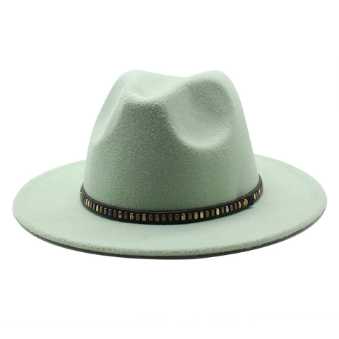 Vintage Wide Brim Fedora Hat Woolen Felt Metal Studded Band Flat Brim Jazz Hat For Men Women