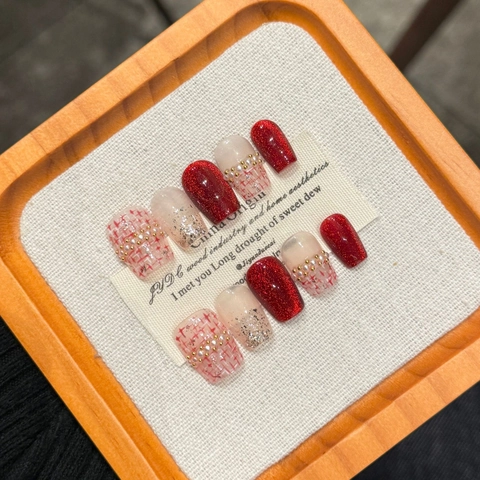 Handgemaakte Plaknagels In Tweedstijl Luxe Rood Roze Glitter Kunstnagels Met Imitatieparels Vintage Franse Fake Nails Voor Vrouwen