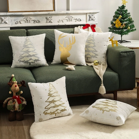 Housses De Coussin De Noël Velours Broderie Renne Arbre Flocon De Neige Décoration Maison
