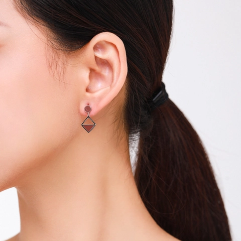 Orecchini Asimmetrici Argento Sterling 925 Geometrici Rombo Quadrato Cerchio Smalto Marrone Rosso Gioielli Per Donne