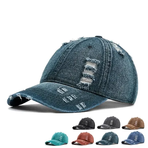 Honkbalpet Gewassen Katoen Denim Distressed Ripped Verstelbaar Retro Street Pet Voor Heren Dames Zonbescherming