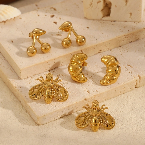 Biene Schmetterling Kirsche Croissant Ohrstecker Edelstahl Vergoldet Insekt Tier Essen Modeschmuck Für Damen