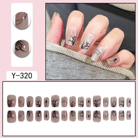 Champagne Glitter Press On Nails With Black Ink Orchid And Butterfly Pattern Square Round Elegant False Nails For Women