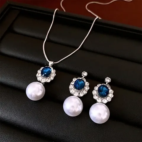 Conjunto De Joyería Con Perla Artificial Sintética Y Cristal Azul Ovalado Aleación Collar Con Colgante Y Pendientes Vintage Mujer