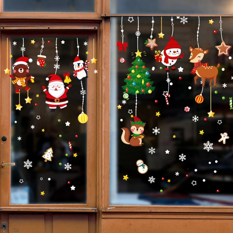Christmas Window Stickers Static Cling Reusable Double Sided PVC Cartoon Santa Reindeer Snowman Holiday Decor