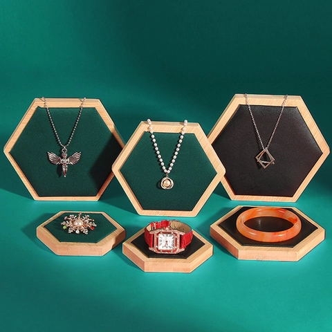 Hexagonal Jewelry Display Tray Bamboo Wood Professional Photography Props For Rings Earrings Bracelets Watches Artistic