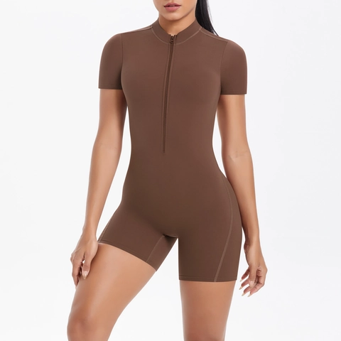 Women Yoga Jumpsuit Romper Zip Up Short Sleeve Backless Cutout Nylon Spandex Slim Fit Ruched Butt Gym Fitness Running Bodysuit