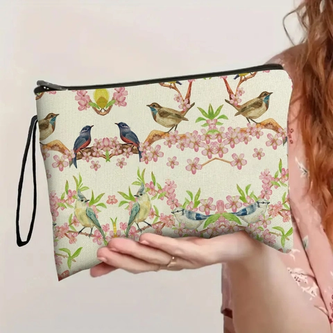 Floral Vogel Druck Make-up Tasche Leinen Textur Kosmetiktasche Mit Reißverschluss Und Handschlaufe Reise Kulturbeutel