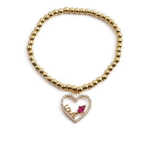 Bracciale Perline Rame Placcato Oro Pendente Cuore Lettera Love Zircone Marquise Gemma Rossa Gioielli Elastici Donne