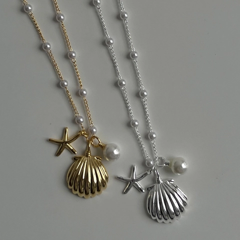 Collana Con Pendente A Conchiglia Stella Marina Perla Artificial In Rame Placcato Oro Stile Oceano Francese Retrò Gioielli Mare
