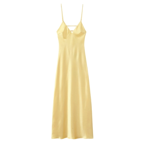 Satin Slipkleid V Ausschnitt Rückenfrei Ärmellos Kreuzgurt Elegant Sexy Party Midi Kleid Für Damen