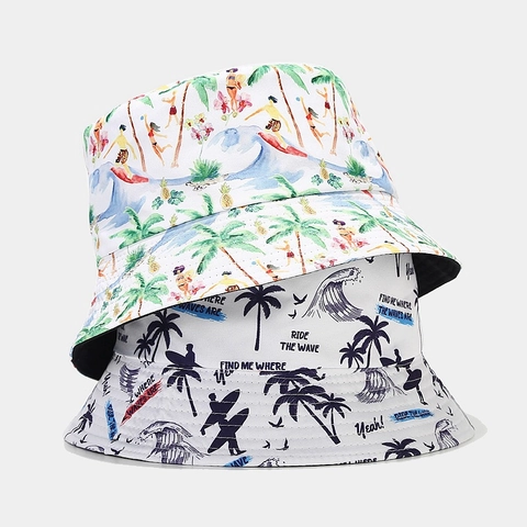 Chapeau Bob Coton Polyester Protection Solaire Été Plage Vacances Imprimé Palmier Tropical Réversible Décontracté Unisexe